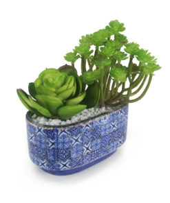Rosa de Pedra Suculenta Artificial (14cm) com Araucaria Suculenta Artificial (13cm) em vaso cerâmico estilo português
