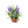 foto arranjo floral artificial de lavanda lilás e buxinho verde em vaso plástico cor terracotta