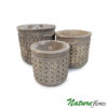 #09566 Vaso Rattan em Cimento P 11x11x10cm #09573 Vaso Rattan em Cimento M 13,5x13,5x12cm #09559 Vaso Rattan em Cimento G 15,7x15,7x14cm