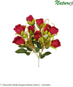#34971: Rosa Mini Botão Buquê Artificial (30cm) - vermelho